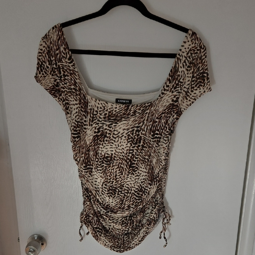 Express Brown and Tan Ruched Cap Sleeve Blouse